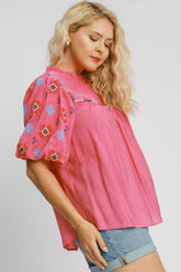 Umgee Full Size Embroidered Puff Sleeve Mock Neck Top Plus Size OutfitFlow
